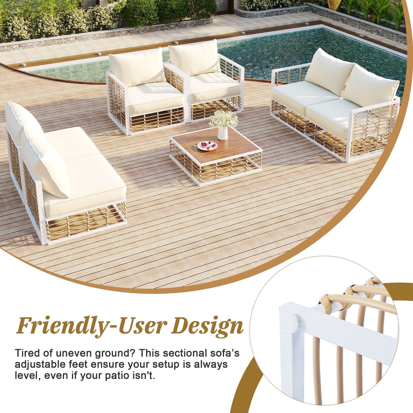 Olurrisa 7-Piece Metal Patio Sectional Sofa Set, All-Weather Garden Conversational Furniture Set with Thick Cushions and Coffee Table Modern Minimalist for Indoor Outdoor, White